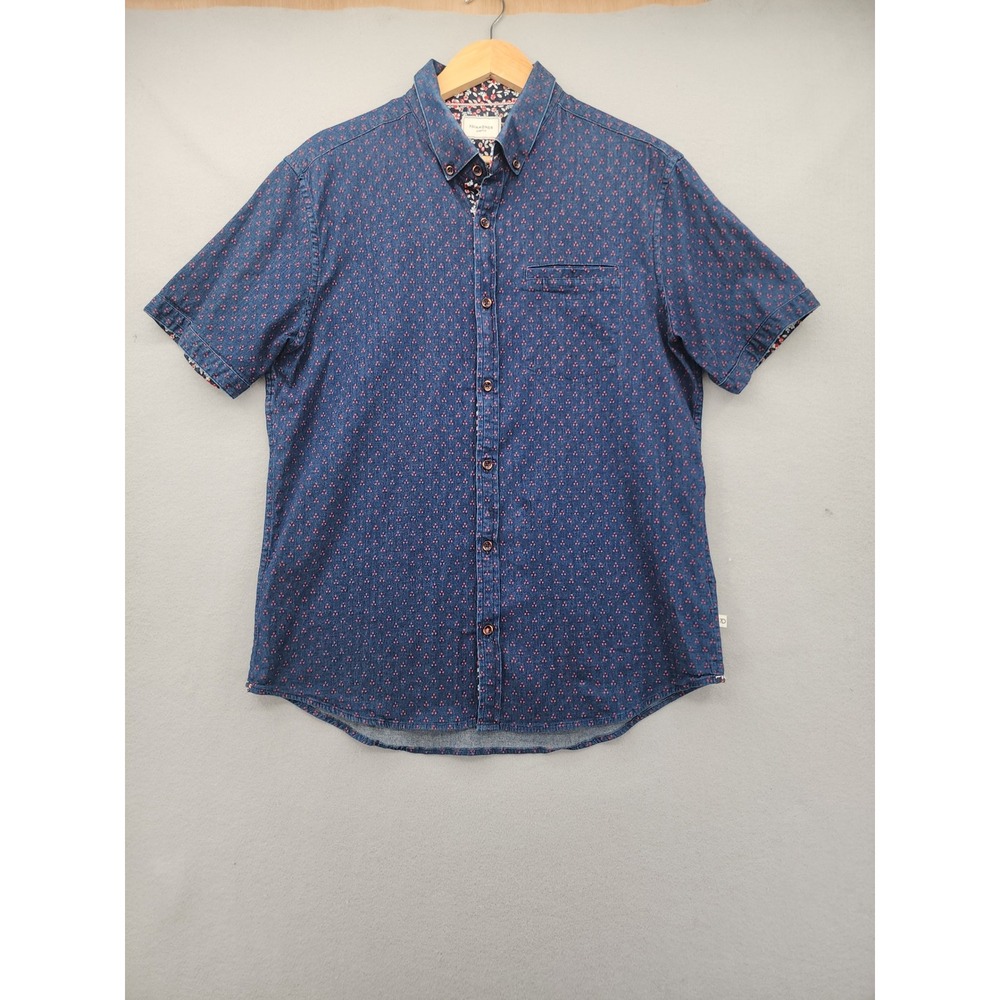 7 Diamonds Pressure Drop Denim Stretch Shirt Mens Large Blue Red Print Floral L